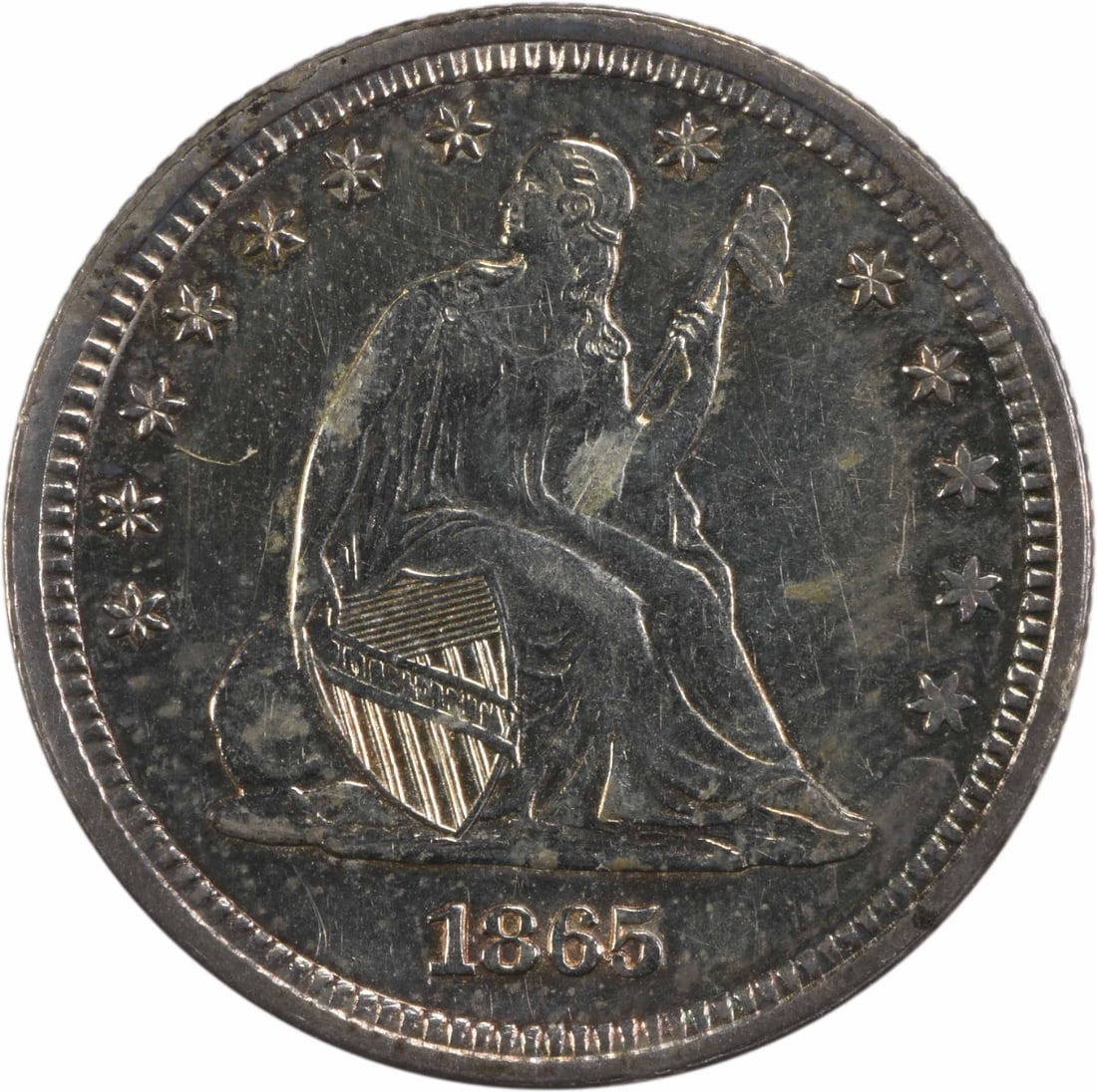 1865 Liberty Seated Silver Quarter AU Uncertified 90% Silver Coin: 1865 Liberty Seated Silver Quarter AU Uncertified 90% Silver Coin This 1865 Liberty Seated Silver Quarter is a beautiful example of American coinage featuring the iconic design by Robert Ball Hughes a