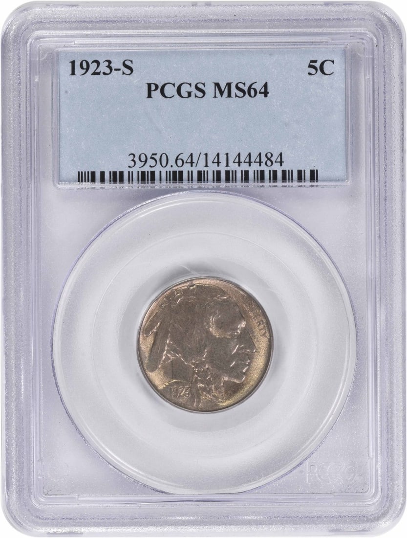 1923-S Buffalo Nickel MS64 PCGS Uncirculated Coin: 1923-S Buffalo Nickel MS64 PCGS Uncirculated Coin This 1923-S Buffalo Nickel is a remarkable piece for any numismatic collection. Graded MS64 by PCGS, this uncirculated coin showcases the exquisite cr