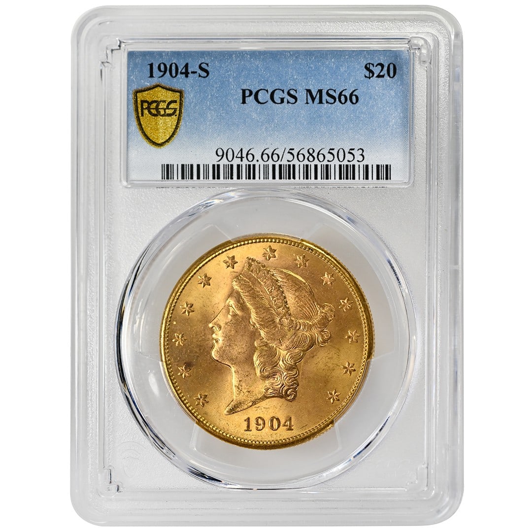 PCGS MS66 1904-S $20 Liberty Head Gold Double Eagle Rare San Francisco Issue: PCGS MS66 1904-S $20 Liberty Head Gold Double Eagle Rare San Francisco Issue This is a 1904-S $20 Liberty Head gold coin, certified uncirculated and graded MS66 by PCGS. Minted in San Francisco, this