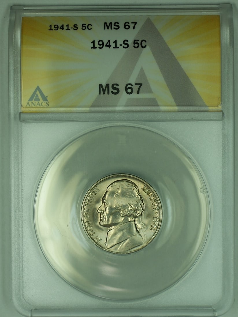 ANACS MS 67 1941-S Jefferson Nickel Five Cent US Coin: ANACS MS 67 1941-S Jefferson Nickel Five Cent US Coin This is a 1941-S Jefferson Nickel with a denomination of 5 cents, certified by ANACS and graded MS 67. The coin is uncirculated and originates fro