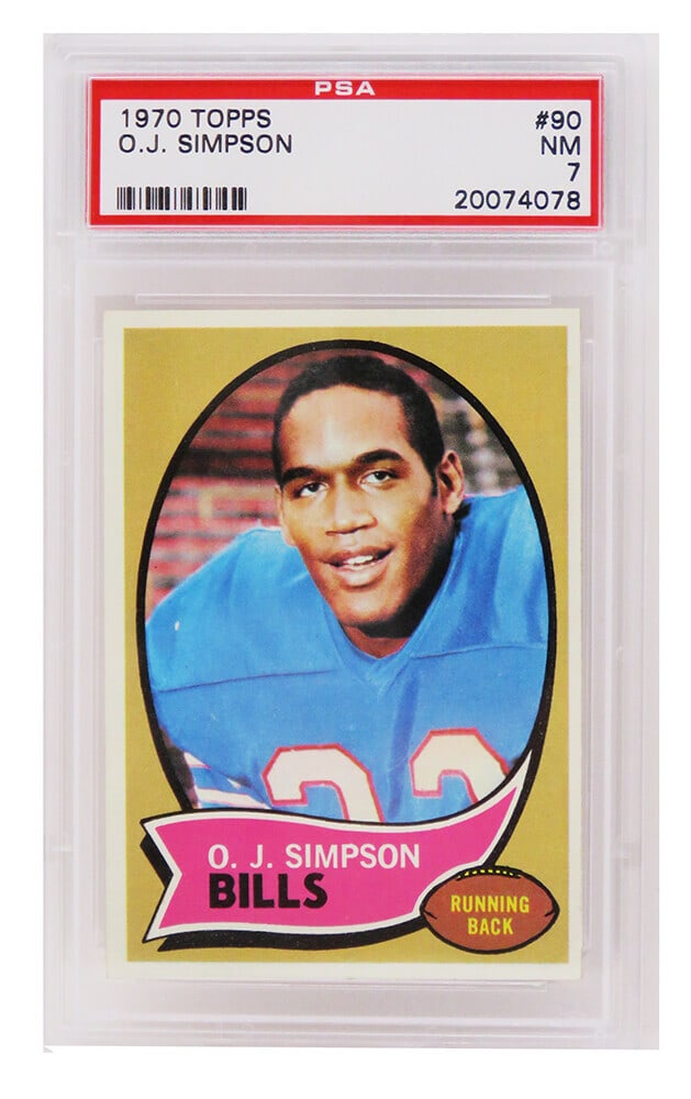 O.J. Simpson 1970 Topps Football RC Card #90 PSA 7 Buffalo Bills: O.J. Simpson 1970 Topps Football RC Card #90 PSA 7 Buffalo Bills This O.J. Simpson 1970 Topps Football rookie card (#90) is a must-have for any football collector. Encapsulated and graded as Near Mint