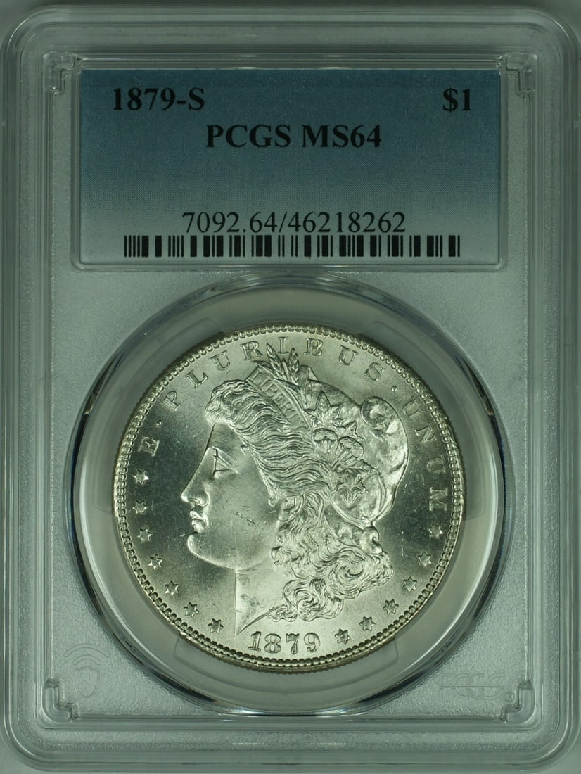 PCGS MS-64 1879-S Morgan Dollar San Francisco Silver Coin: PCGS MS-64 1879-S Morgan Dollar San Francisco Silver Coin This is an un-used 1879-S Morgan Silver Dollar, certified by PCGS with a grade of MS-64. Minted in San Francisco, this coin is composed of 90%