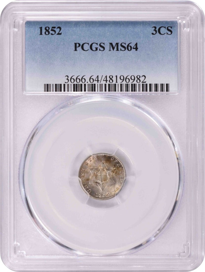 MS64 PCGS 1852 Silver Three Cent Coin Uncirculated United States: MS64 PCGS 1852 Silver Three Cent Coin Uncirculated United States This 1852 Three Cent Silver coin from the United States is graded MS64 by PCGS. It is uncirculated and composed of silver, with no mint