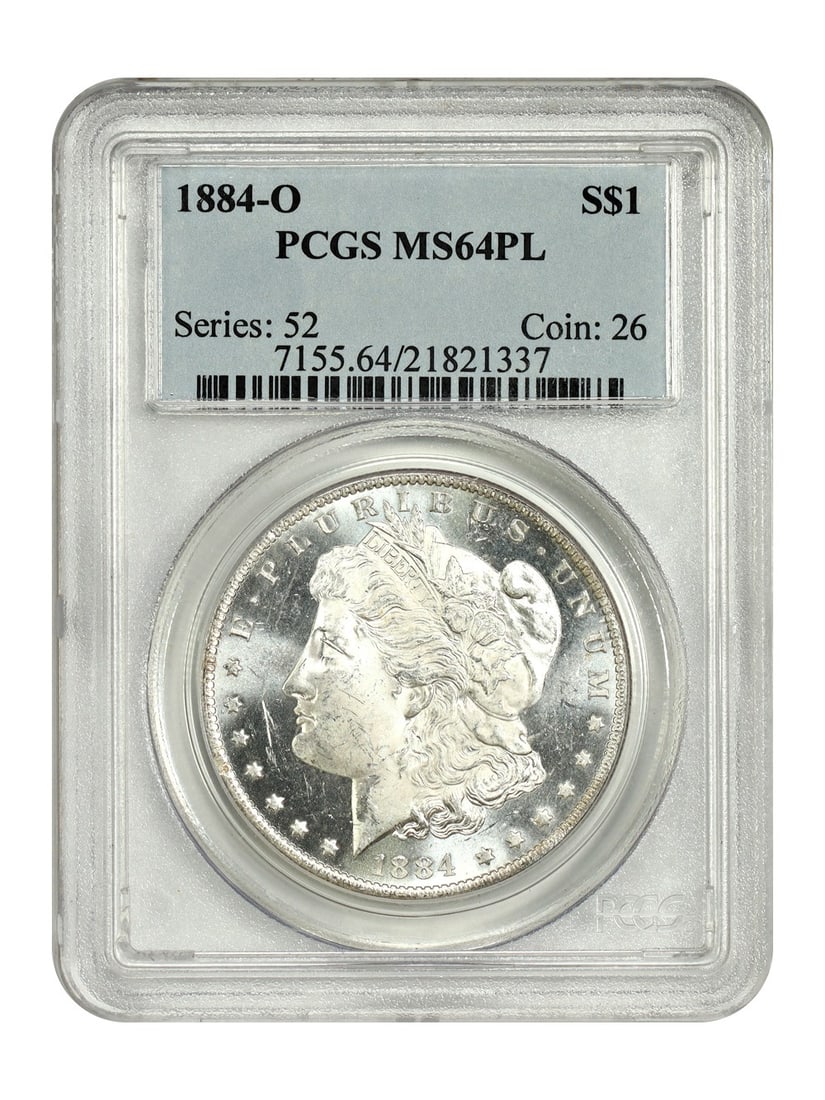 PCGS MS64PL 1884-O Morgan Silver Dollar Uncirculated New Orleans Mint: PCGS MS64PL 1884-O Morgan Silver Dollar Uncirculated New Orleans Mint This is an 1884-O Morgan Dollar graded MS64PL by PCGS. The coin is uncirculated and features a proof-like (PL) strike. Minted in N