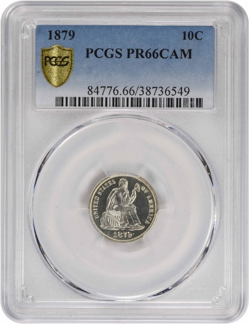 1879 Liberty Seated Silver Dime PR66CAM PCGS Uncirculated Proof 10C: 1879 Liberty Seated Silver Dime PR66CAM PCGS Uncirculated Proof 10C This 1879 Liberty Seated Silver Dime, certified PR66CAM by PCGS, is a stunning representation of American numismatic history. Struck