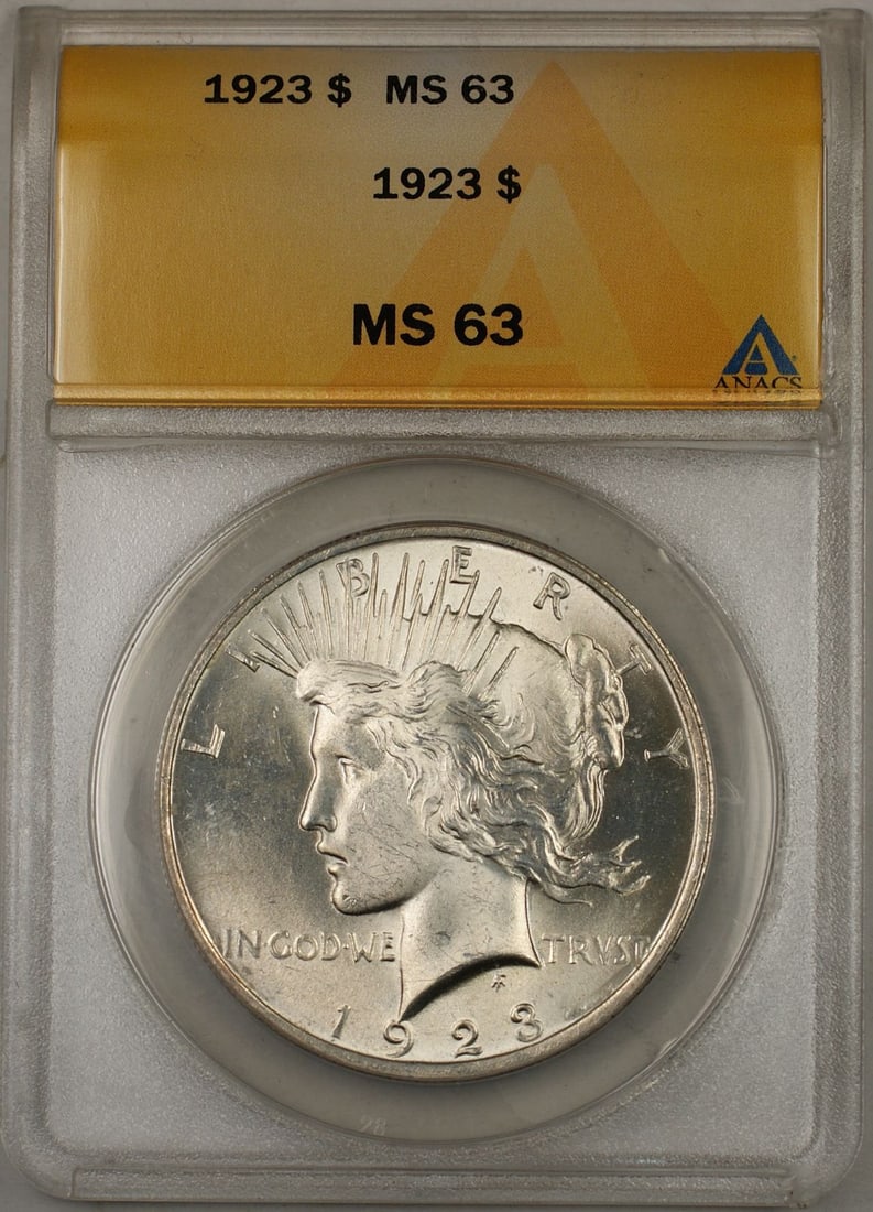 ANACS MS 63 1923 Peace Dollar Silver Coin from Philadelphia Mint: ANACS MS 63 1923 Peace Dollar Silver Coin from Philadelphia Mint This 1923 $1 Peace Silver Dollar coin is certified by ANACS with a grade of MS-63. Struck in Philadelphia, it is uncirculated and compo