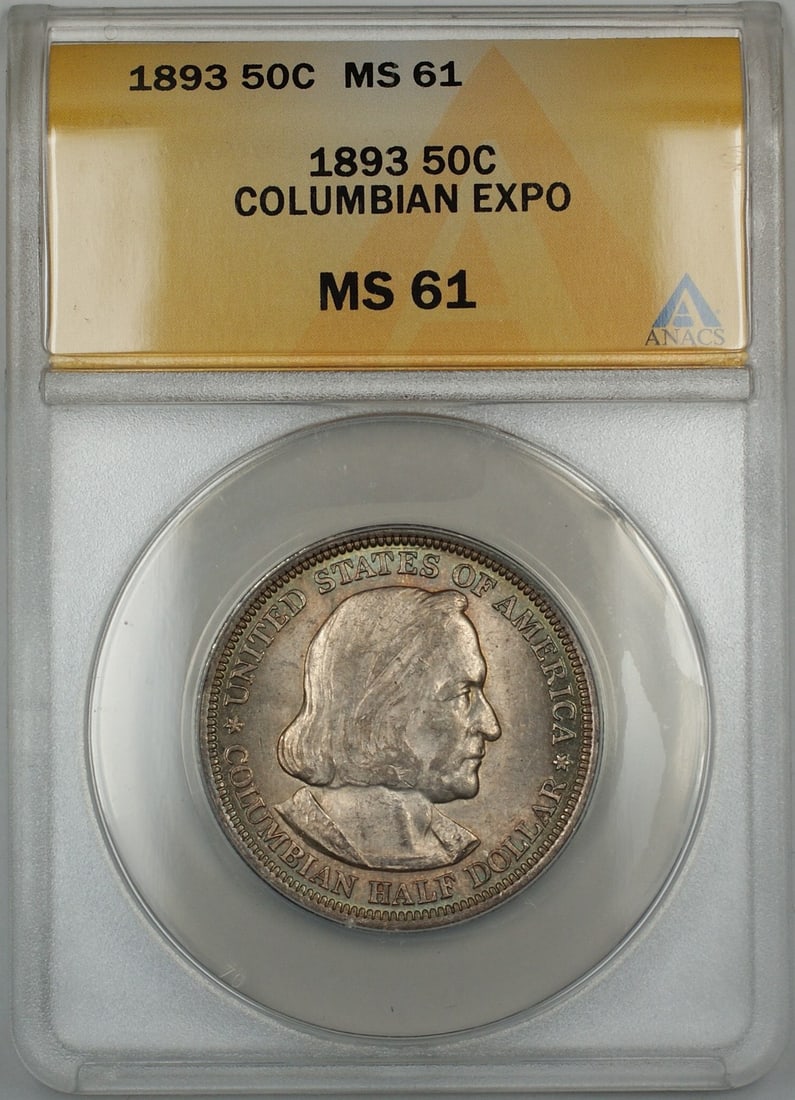 ANACS MS61 1893 Columbian Silver Half Dollar Philadelphia Mint Commemorative Coin: ANACS MS61 1893 Columbian Silver Half Dollar Philadelphia Mint Commemorative Coin This 1893 Columbian Commemorative Silver Half Dollar is graded MS-61 by ANACS. The coin is uncirculated and was minted