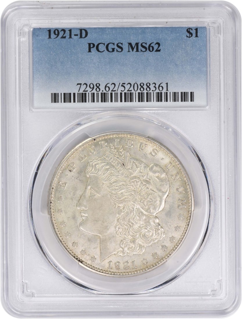 PCGS MS62 1921 Denver Mint Morgan Silver Dollar Coin: PCGS MS62 1921 Denver Mint Morgan Silver Dollar Coin This 1921-D Morgan Silver Dollar is graded MS62 by PCGS and was minted in Denver. Composed of 90% silver and 10% copper, it features the iconic des
