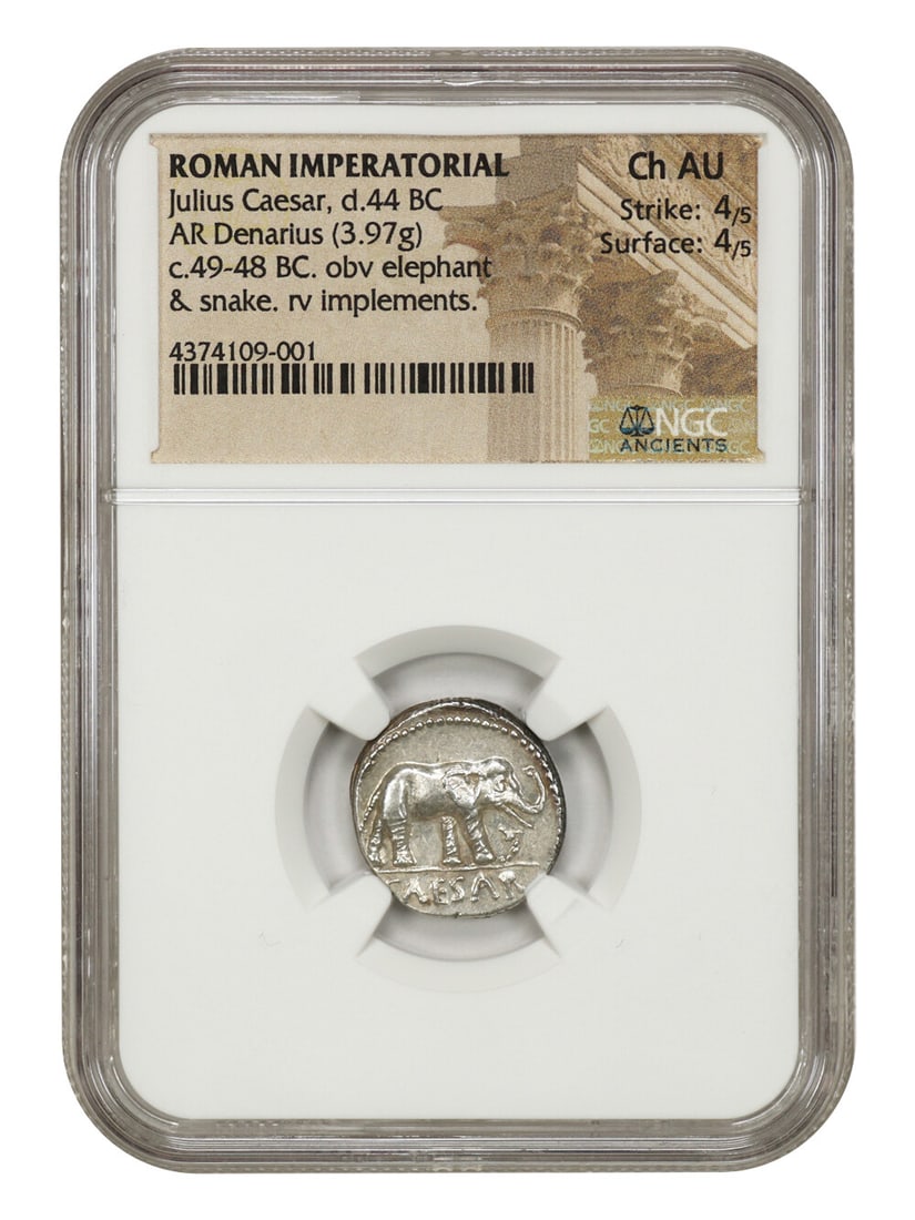 Julius Caesar 49-48 BC AR Denarius NGC Choice AU Coin: Julius Caesar 49-48 BC AR Denarius NGC Choice AU Coin This Ancient Roman Julius Caesar AR Denarius, minted around 49-48 BC, features a striking obverse design of an elephant advancing right, trampling