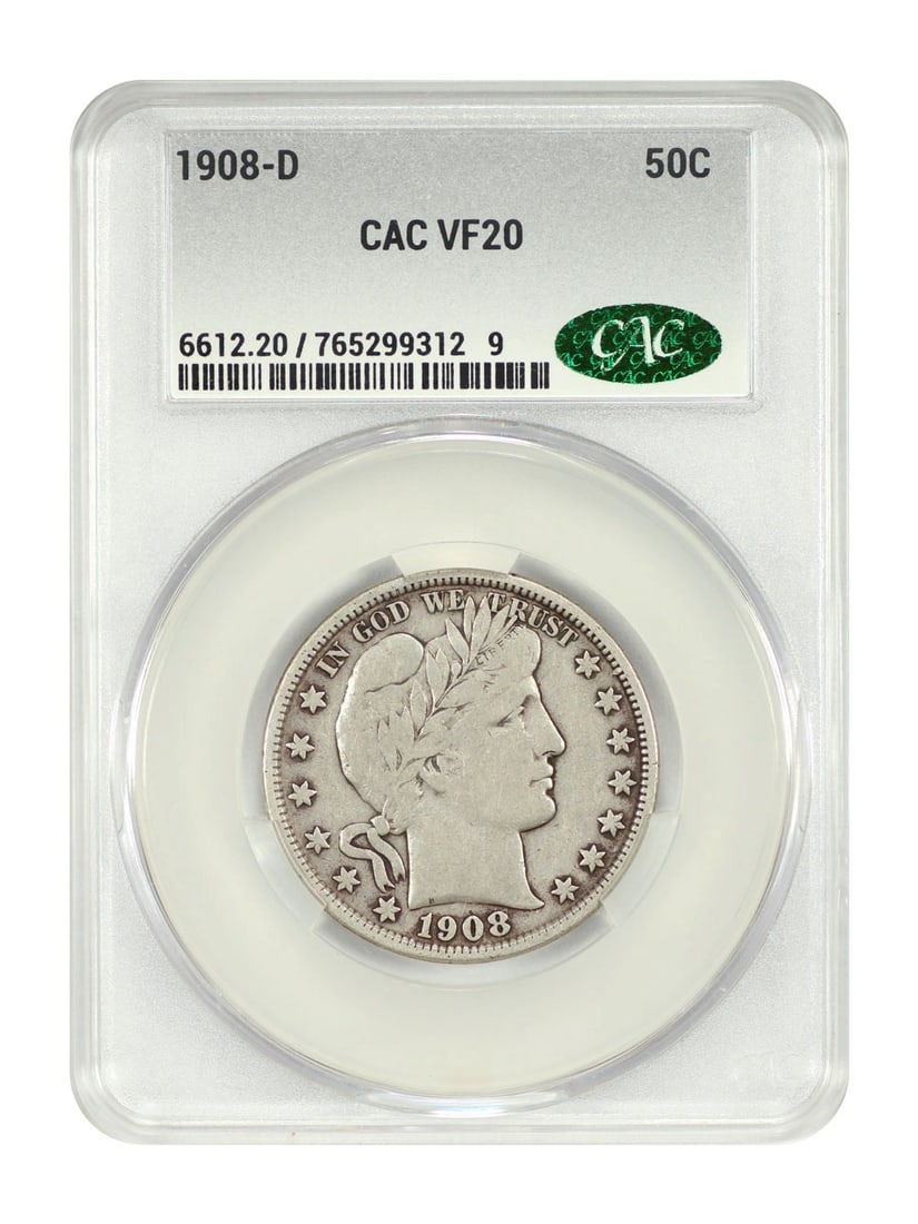 1908-D Barber Half Dollar CACG VF20 Certified Coin: 1908-D Barber Half Dollar CACG VF20 Certified Coin This 1908-D Barber Half Dollar is a certified CACG coin, showcasing a grade of VF20. Struck in Denver, this circulated 50-cent piece is part of the r