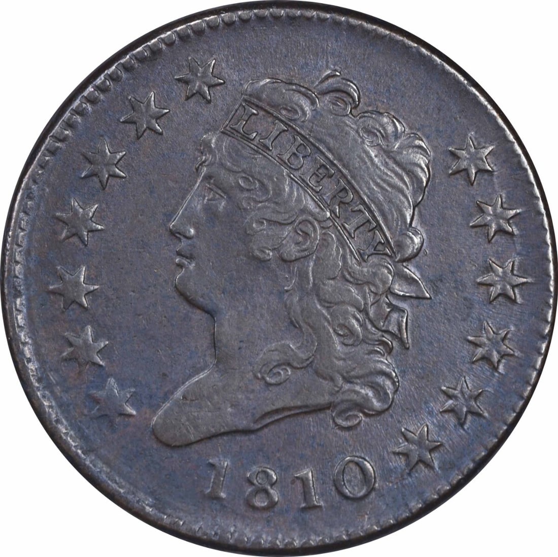 1810 Classic Head Large Cent Copper Coin by John Reich: 1810 Classic Head Large Cent Copper Coin by John Reich This 1810 Large Cent features the Classic Head design by John Reich, struck at the Philadelphia mint. It is classified as an Extra Fine (XF) coin