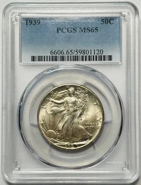 1939 P Walking Liberty Half Dollar PCGS MS65 Uncirculated Silver Coin: 1939 P Walking Liberty Half Dollar PCGS MS65 Uncirculated Silver Coin This 1939 P Walking Liberty Half Dollar is certified by PCGS with a grade of MS 65, indicating it is in uncirculated condition. Mi