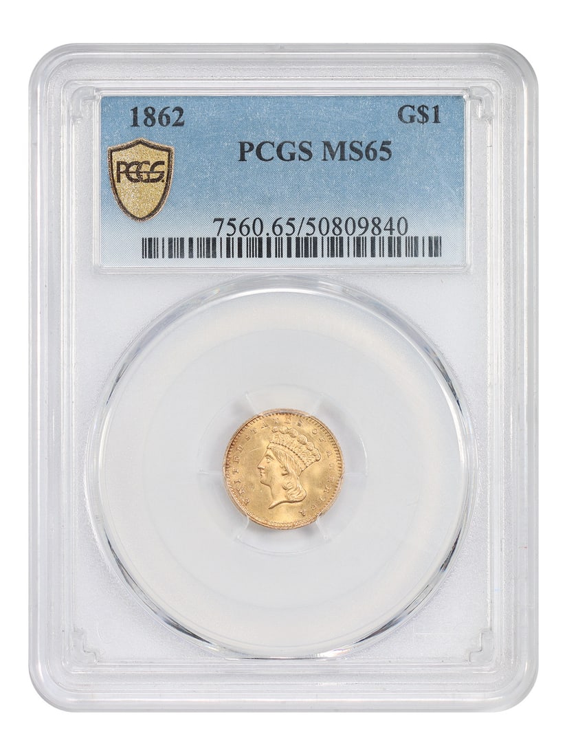 PCGS MS65 1862 Gold Dollar Coin from Civil War Period: PCGS MS65 1862 Gold Dollar Coin from Civil War Period This 1862 Gold Dollar is a Civil War era coin graded MS65 by PCGS. Struck at the Philadelphia Mint, it is part of the Gold Dollar series and featu