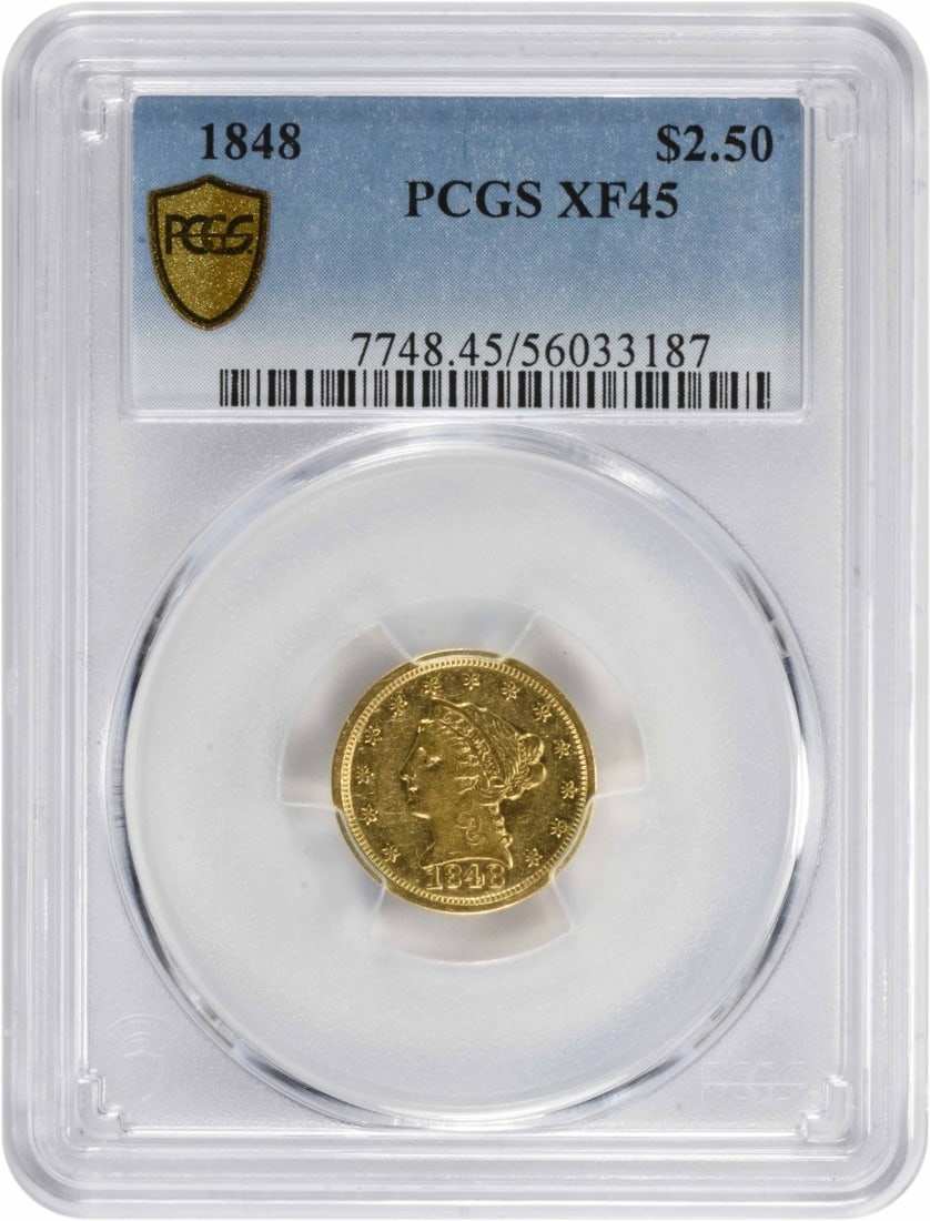 1848 $2.50 Gold Liberty Head Coin EF45 PCGS Certified: 1848 $2.50 Gold Liberty Head Coin EF45 PCGS Certified This 1848 $2.50 Gold Liberty Head coin features a beautifully detailed design by Christian Gobrecht and comes certified by PCGS with a grade of EF