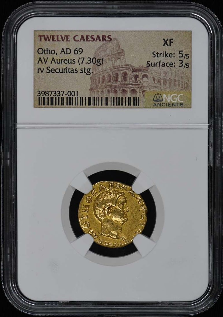 Roman Empire Gold Aureus Coin of Otho AD 69 NGC XF: Roman Empire Gold Aureus Coin of Otho AD 69 NGC XF This is an ancient Roman Empire AV Aureus coin from the reign of Otho, dated AD 69. The coin has been certified by NGC and graded XF, indicating it i