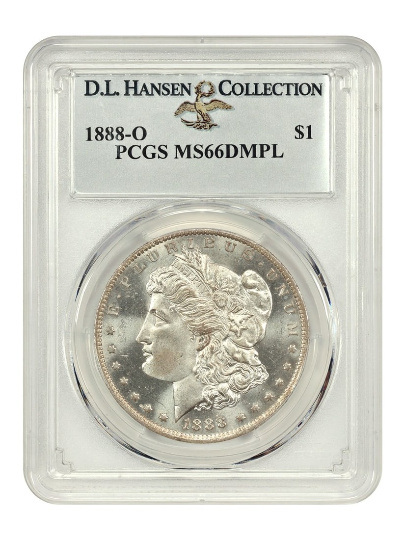 PCGS MS66DMPL 1888-O Morgan Dollar ex D L Hansen Deep Mirror Prooflike: PCGS MS66DMPL 1888-O Morgan Dollar ex D L Hansen Deep Mirror Prooflike This 1888-O Morgan Dollar is graded MS66DMPL by PCGS and originates from the D.L. Hansen collection. Featuring deep mirror proof-