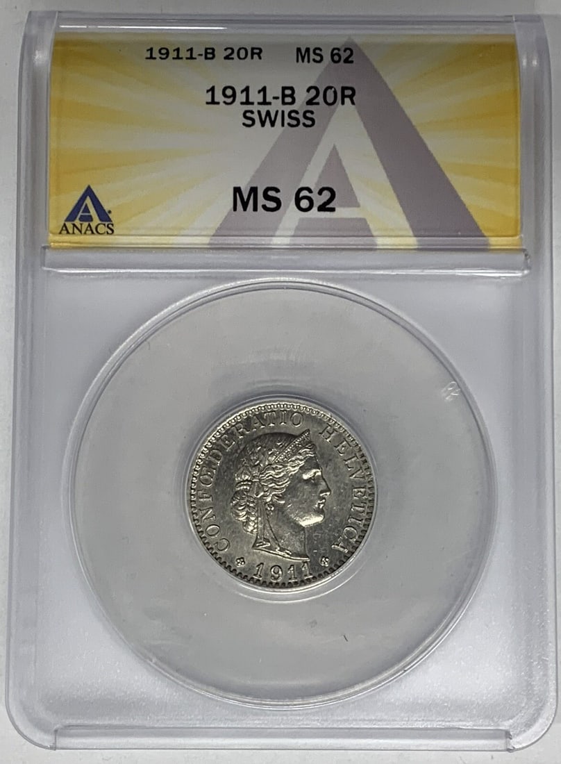 Swiss 1911-B 20 Rappen Nickel Coin ANACS MS 62 Certified: Swiss 1911-B 20 Rappen Nickel Coin ANACS MS 62 Certified This 1911-B Swiss 20 Rappen coin is certified by ANACS with a grade of MS 62. Minted in Switzerland, the coin is composed of nickel and feature
