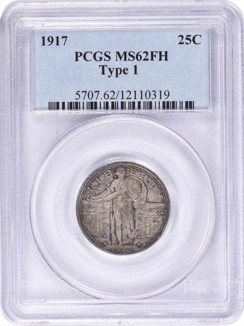 1917 Standing Liberty Silver Quarter Type 1 MS62FH PCGS Certified: 1917 Standing Liberty Silver Quarter Type 1 MS62FH PCGS Certified This 1917 Standing Liberty Silver Quarter Type 1 is a beautiful example of American coinage, certified by PCGS with a grade of MS62FH.