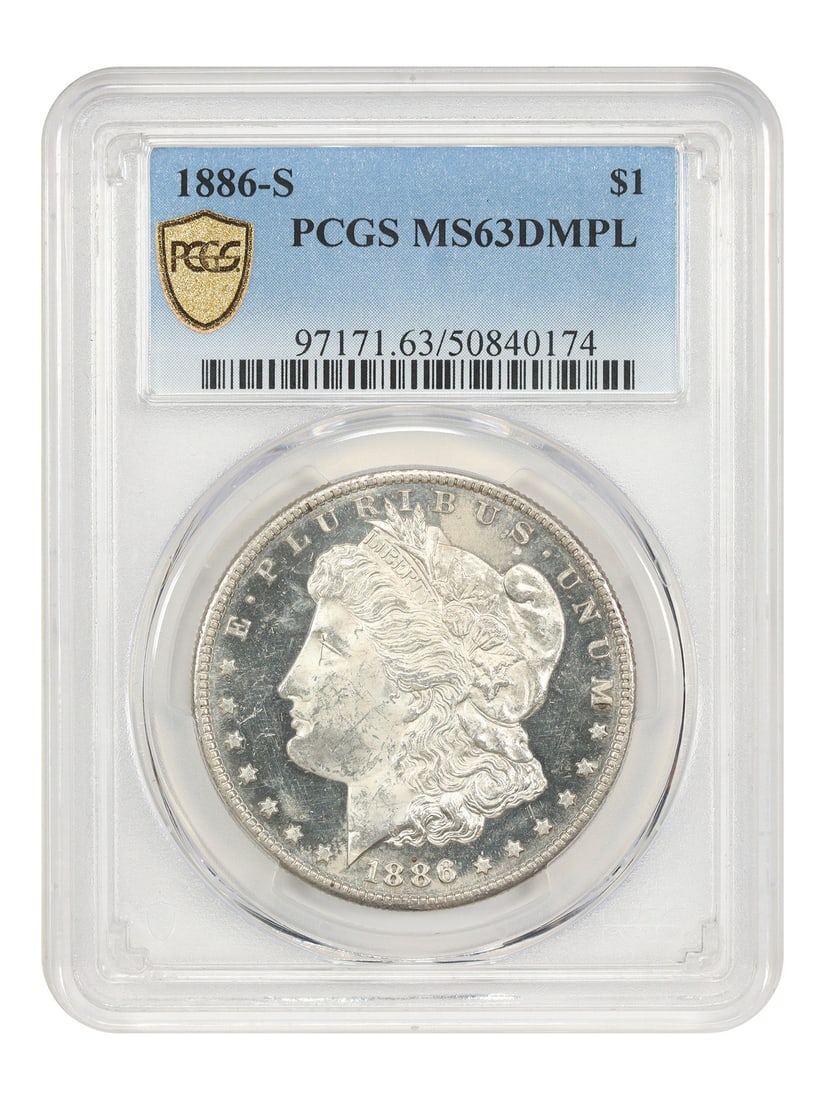 PCGS MS63DMPL 1886-S Morgan Silver Dollar San Francisco Mint: PCGS MS63DMPL 1886-S Morgan Silver Dollar San Francisco Mint This 1886-S Morgan Dollar is certified by PCGS with a grade of MS63DMPL, indicating a deep mirror prooflike appearance. Struck in San Franc