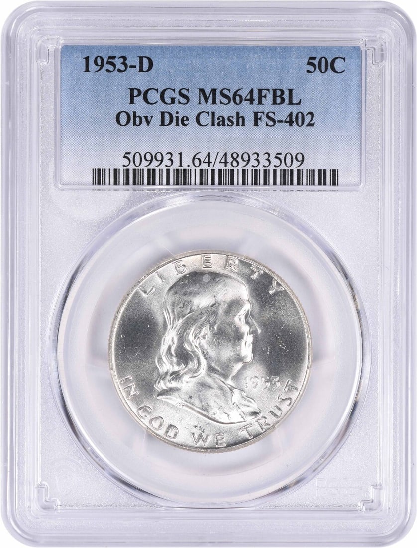 Obverse Die Clash Franklin 1953-D Half Dollar MS64FBL PCGS Certified: Obverse Die Clash Franklin 1953-D Half Dollar MS64FBL PCGS Certified This 1953-D Franklin Silver Half Dollar is an uncirculated coin certified by PCGS with a grade of MS64FBL. It features an obverse d