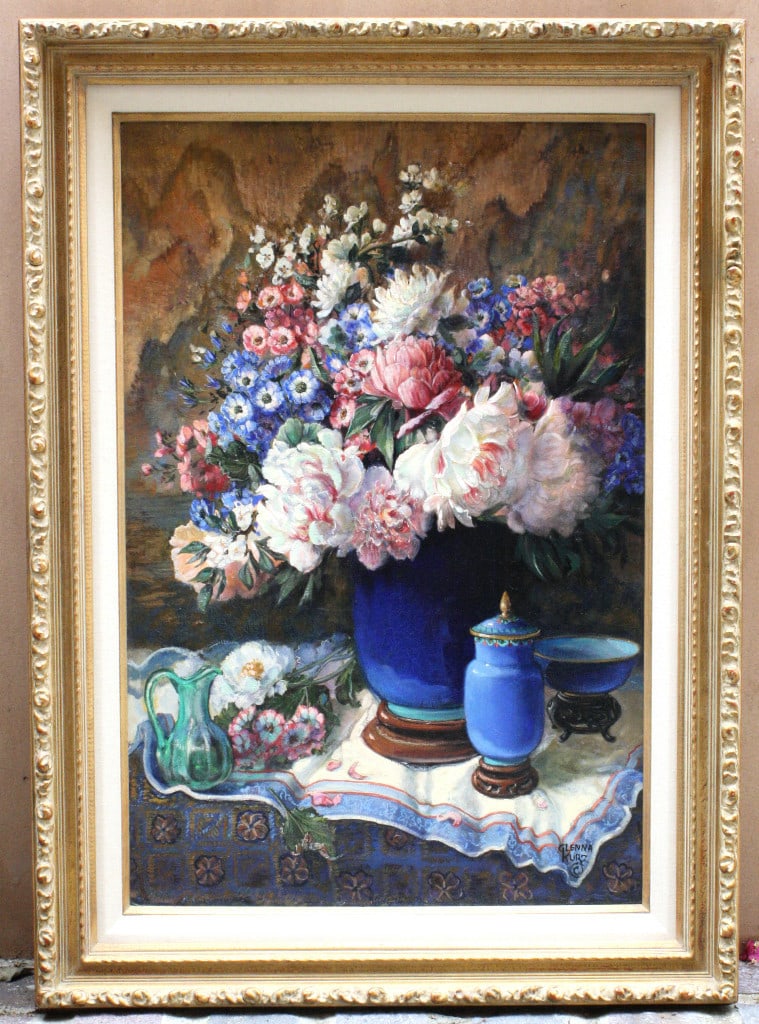 Glenna Kurz Original Oil Still Life Painting Floral Impressionism 32x44: Glenna Kurz Original Oil Still Life Painting Floral Impressionism 32x44 Experience the beauty of European Impressionism with this original still life painting by Glenna Kurz. This exquisite oil on boa