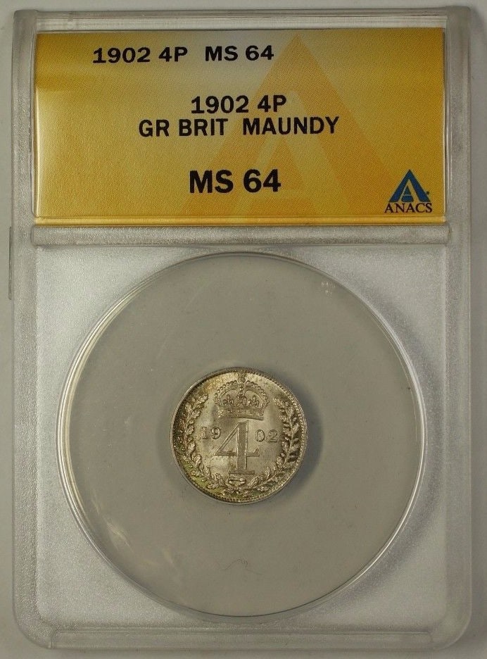 1902 Maundy Silver Four Pence Groat Coin ANACS MS-64 Certified: 1902 Maundy Silver Four Pence Groat Coin ANACS MS-64 Certified This is a 1902 Great Britain Groat Four Pence Maundy silver coin, graded MS-64 by ANACS. The coin is uncirculated and composed of silver.