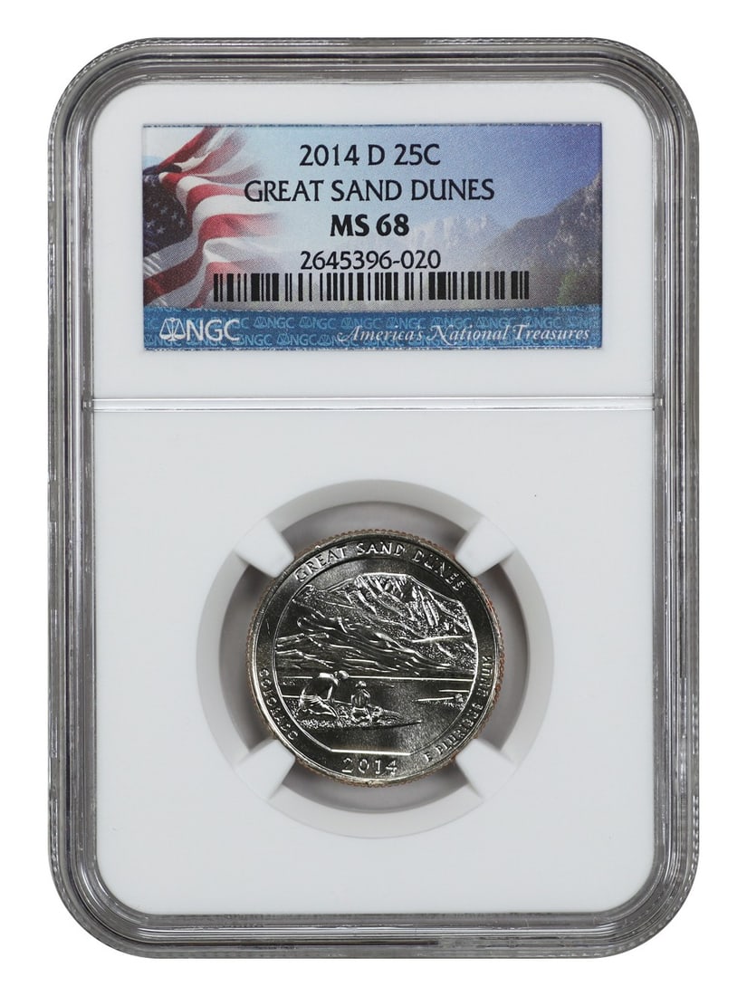 2014-D 25C Great Sand Dunes NP NGC MS68 Clad Quarter: 2014-D 25C Great Sand Dunes NP NGC MS68 Clad Quarter This 2014-D 25 Cent coin from the Great Sand Dunes National Park is certified by NGC with a grade of MS68, indicating its exceptional quality. The