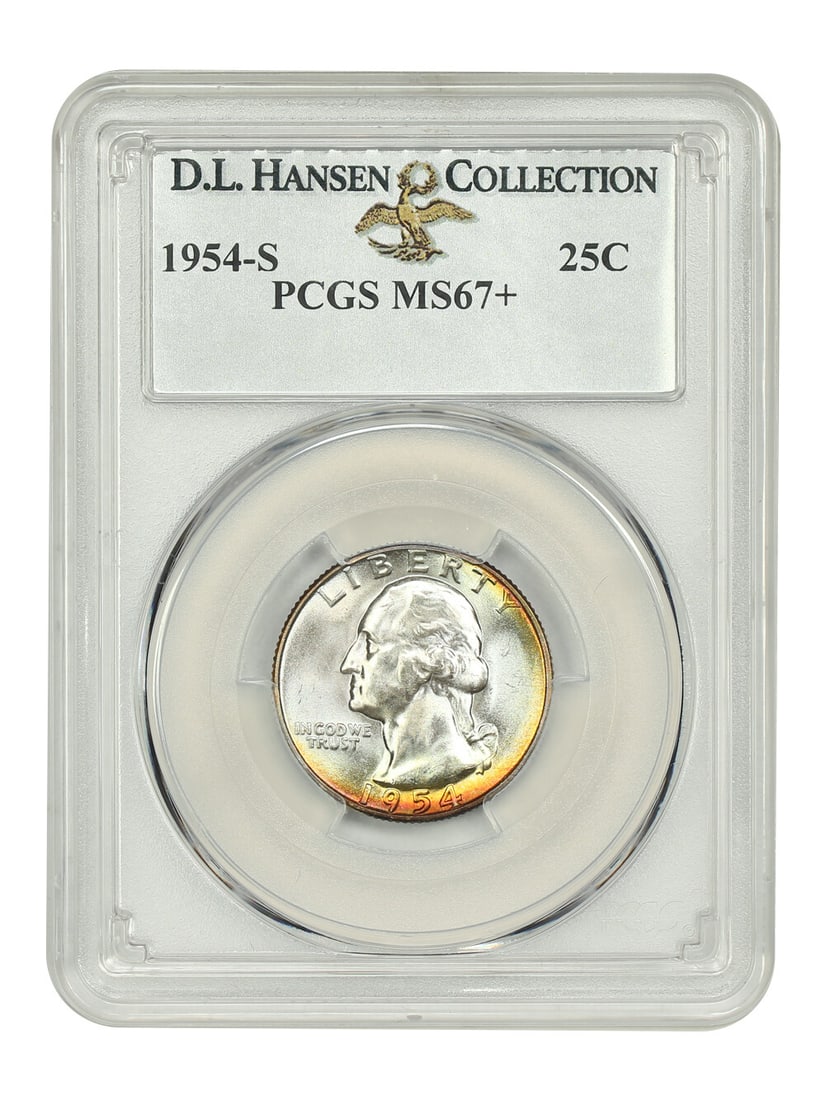 1954-S Washington Quarter PCGS MS67+ D.L. Hansen Toned Gem: 1954-S Washington Quarter PCGS MS67+ D.L. Hansen Toned Gem This 1954-S Washington Quarter is certified by PCGS with a grade of MS67+, indicating its exceptional quality and uncirculated condition. The