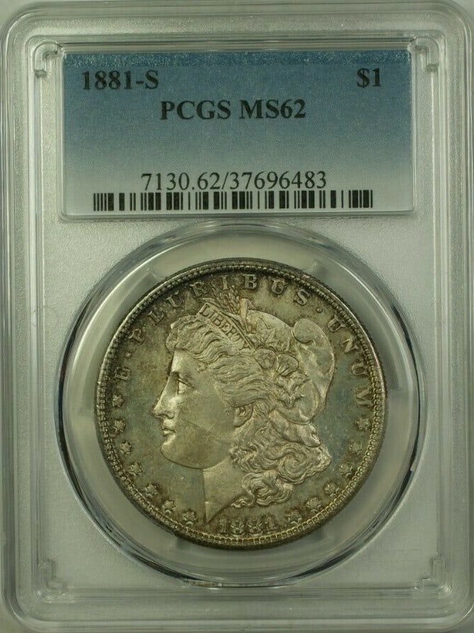 PCGS MS-62 1881-S Morgan Dollar Proof Like Toned Silver Coin: PCGS MS-62 1881-S Morgan Dollar Proof Like Toned Silver Coin This 1881-S Morgan Silver Dollar is certified by PCGS with a grade of MS-62. The coin features a proof-like strike and displays attractive