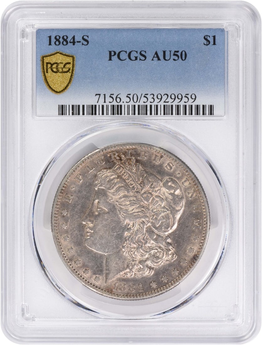 PCGS AU50 1884 San Francisco Morgan Dollar 90 Percent Silver Coin: PCGS AU50 1884 San Francisco Morgan Dollar 90 Percent Silver Coin This 1884-S Morgan Silver Dollar is an AU50 graded coin certified by PCGS. Minted in San Francisco, it features a composition of 90% s
