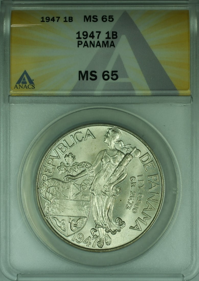 ANACS MS-65 Certified 1947 Panama 1 Balboa Silver Coin: ANACS MS-65 Certified 1947 Panama 1 Balboa Silver Coin This is a 1947 Panama 1 Balboa silver coin, certified by ANACS with a grade of MS-65. The coin is composed of 90% silver and remains in an uncirc