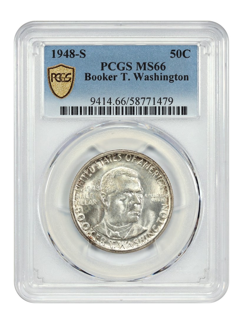 1948-S 50C Booker T Washington PCGS MS66 Silver Commemorative Coin: 1948-S 50C Booker T Washington PCGS MS66 Silver Commemorative Coin This 1948-S 50C Booker T. Washington coin is a remarkable piece of numismatic history, certified by PCGS with a grade of MS66, indica