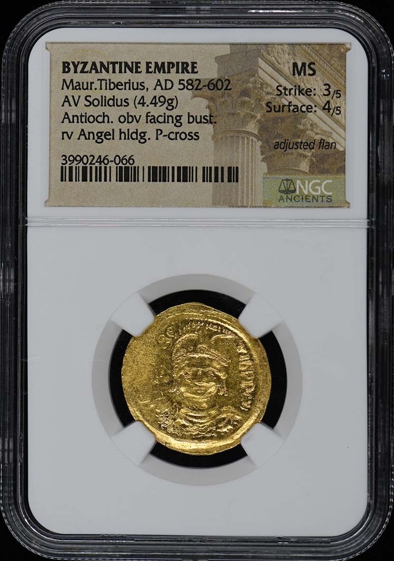 Byzantine Empire Gold Solidus Coin Maurice Tiberius NGC MS AD 582-602: Byzantine Empire Gold Solidus Coin Maurice Tiberius NGC MS AD 582-602 This exquisite gold solidus from the Byzantine Empire features the reign of Emperor Tiberius from AD 582-602. It has been certifie