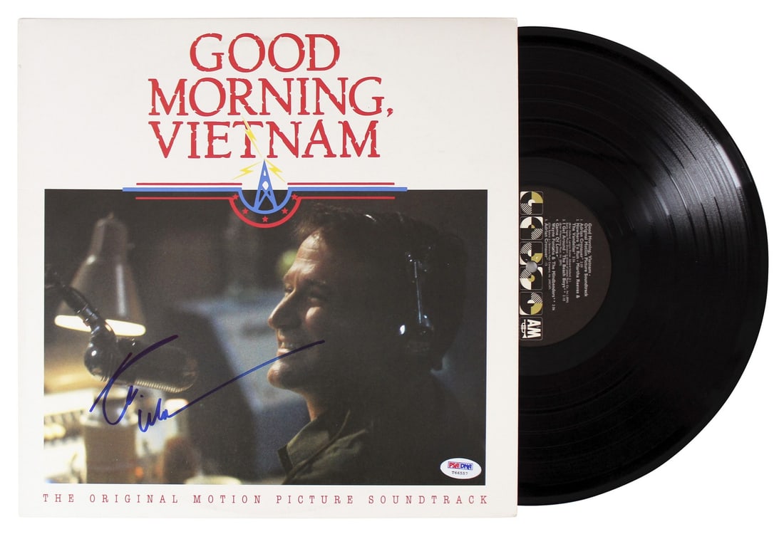 Robin Williams Signed Good Morning Vietnam Soundtrack Album with Vinyl PSA: Robin Williams Signed Good Morning Vietnam Soundtrack Album with Vinyl PSA Celebrate the iconic film "Good Morning Vietnam" with this autographed original motion picture soundtrack album cover, person