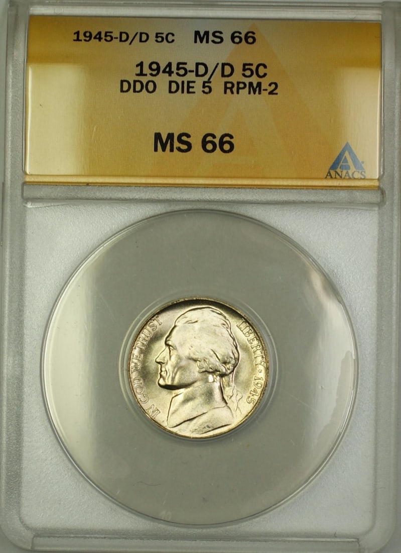 ANACS MS 66 1945-D Wartime Silver Jefferson Nickel RPM-2 DDO Die 5: ANACS MS 66 1945-D Wartime Silver Jefferson Nickel RPM-2 DDO Die 5 This is a 1945-D/D RPM-2 DDO DIE 5 Wartime Silver Jefferson Nickel 5c coin graded MS-66 by ANACS. Minted in Denver, this uncirculated