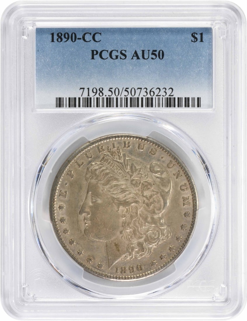 1890-CC Morgan Silver Dollar AU50 PCGS Certified Coin: 1890-CC Morgan Silver Dollar AU50 PCGS Certified Coin This 1890-CC Morgan Silver Dollar is a stunning piece of numismatic history, encapsulated in an AU50 grade by PCGS. Struck at the Carson City mint