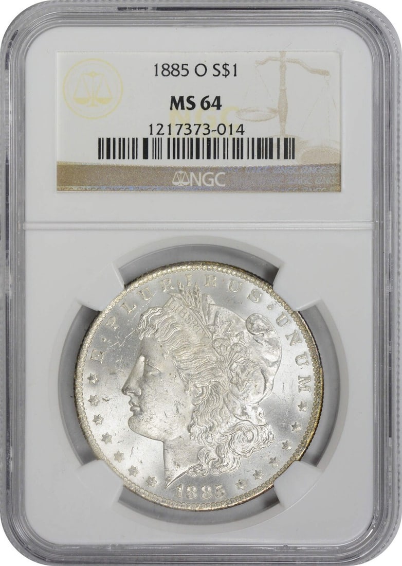 1885-O Morgan Silver Dollar MS64 NGC Certified Uncirculated Coin: 1885-O Morgan Silver Dollar MS64 NGC Certified Uncirculated Coin This exquisite 1885-O Morgan Silver Dollar is a remarkable piece from the New Orleans Mint, boasting an uncirculated grade of MS64 cert