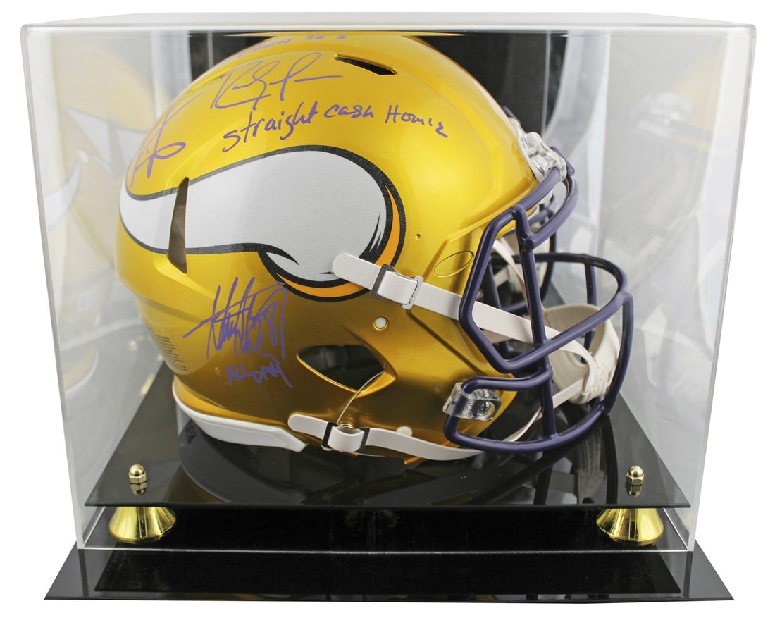 Randy Moss Cris Carter Adrian Peterson Signed Helmet with Case BAS: Randy Moss Cris Carter Adrian Peterson Signed Helmet with Case BAS This exceptional autographed full-size speed proline helmet features the signatures of legendary Minnesota Vikings players Randy Moss