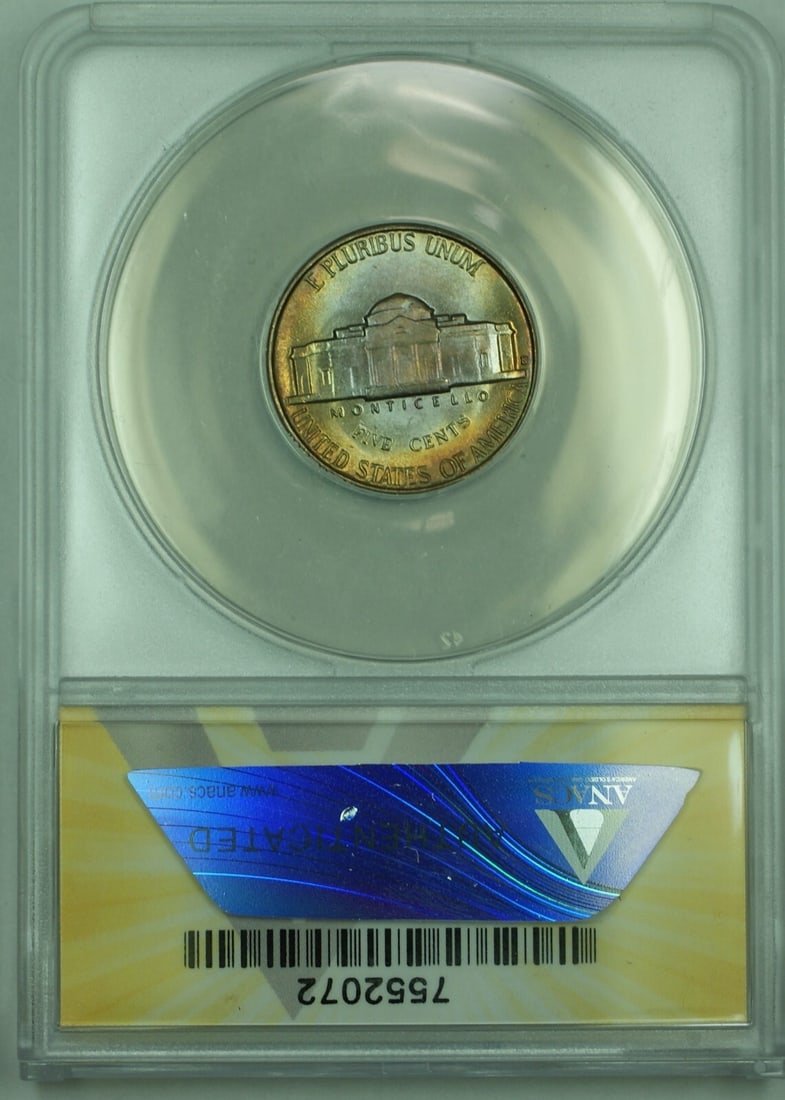 1947-D Jefferson Nickel ANACS MS 65 Rainbow Toned Five Cent Coin: 1947-D Jefferson Nickel ANACS MS 65 Rainbow Toned Five Cent Coin This 1947-D Jefferson Nickel features a vibrant rainbow toning and is certified by ANACS with a grade of MS 65. The coin is uncirculate