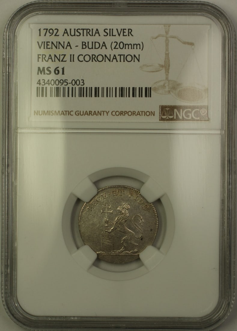 Austria 1792 Franz II Silver Coronation Token NGC MS-61 20mm: Austria 1792 Franz II Silver Coronation Token NGC MS-61 20mm This 1792 Austria Vienna-Buda silver coronation token features Franz II and is graded MS-61 by NGC. The token has a diameter of 20mm and is