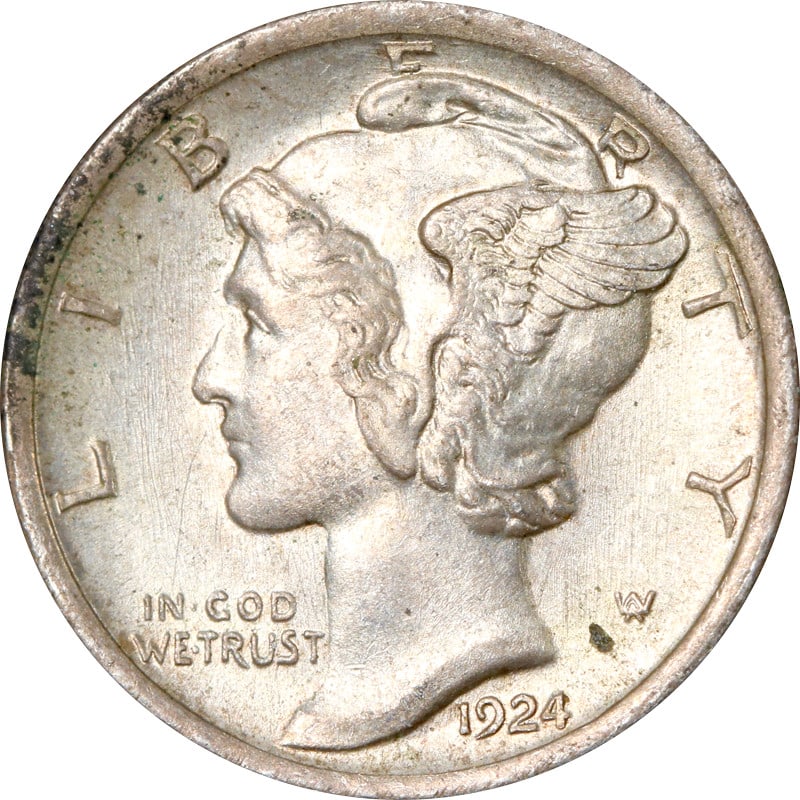 1924 Philadelphia Mint Silver Mercury Dime Circulated Example: 1924 Philadelphia Mint Silver Mercury Dime Circulated Example This is a 1924-P Mercury Dime, featuring a circulated condition and composed of 90% silver. Minted in Philadelphia, this pre-owned coin is