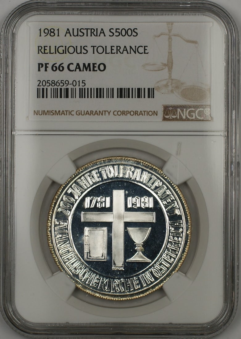 Austria 1981 Silver 500 Schilling Religious Tolerance Proof Coin NGC PF 66: Austria 1981 Silver 500 Schilling Religious Tolerance Proof Coin NGC PF 66 This 1981 Austria 500 Schillings Religious Tolerance Silver Proof Coin is graded NGC PF-66 Cameo. Crafted from silver with a