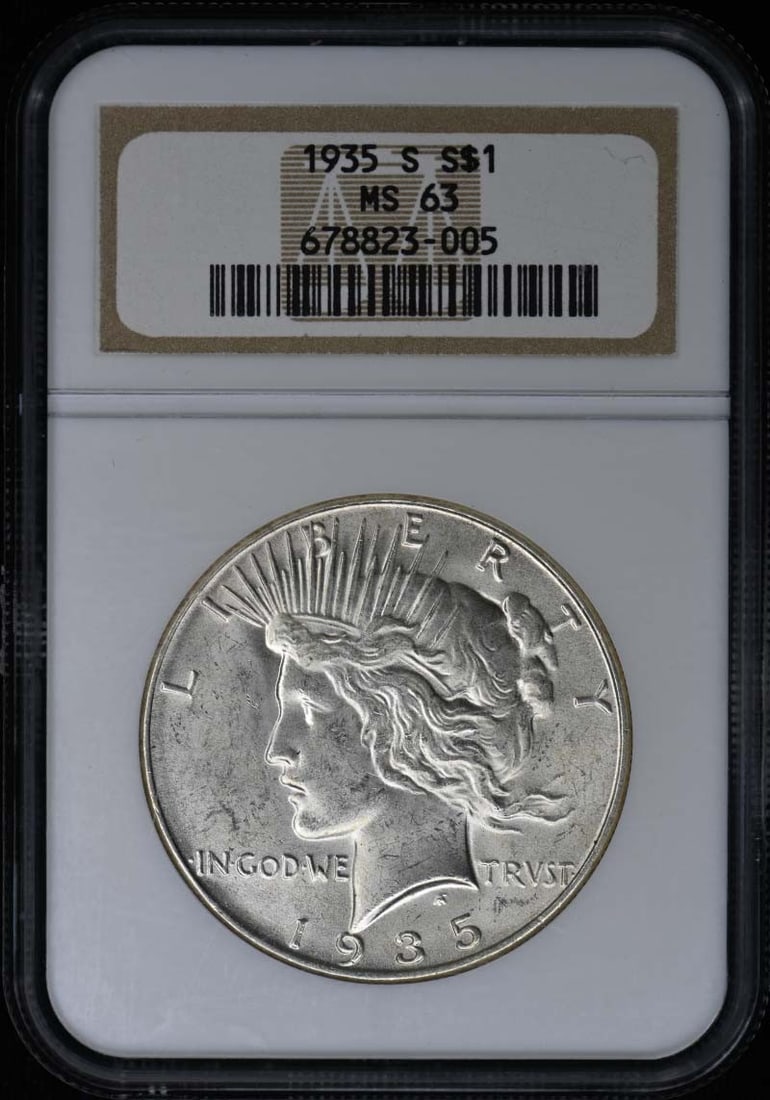 NGC MS63 1935 San Francisco Peace Silver Dollar: NGC MS63 1935 San Francisco Peace Silver Dollar This is a 1935-S Peace Dollar graded MS63 by NGC. Minted in San Francisco, this uncirculated silver coin is a pre-owned collectible, certified for authe