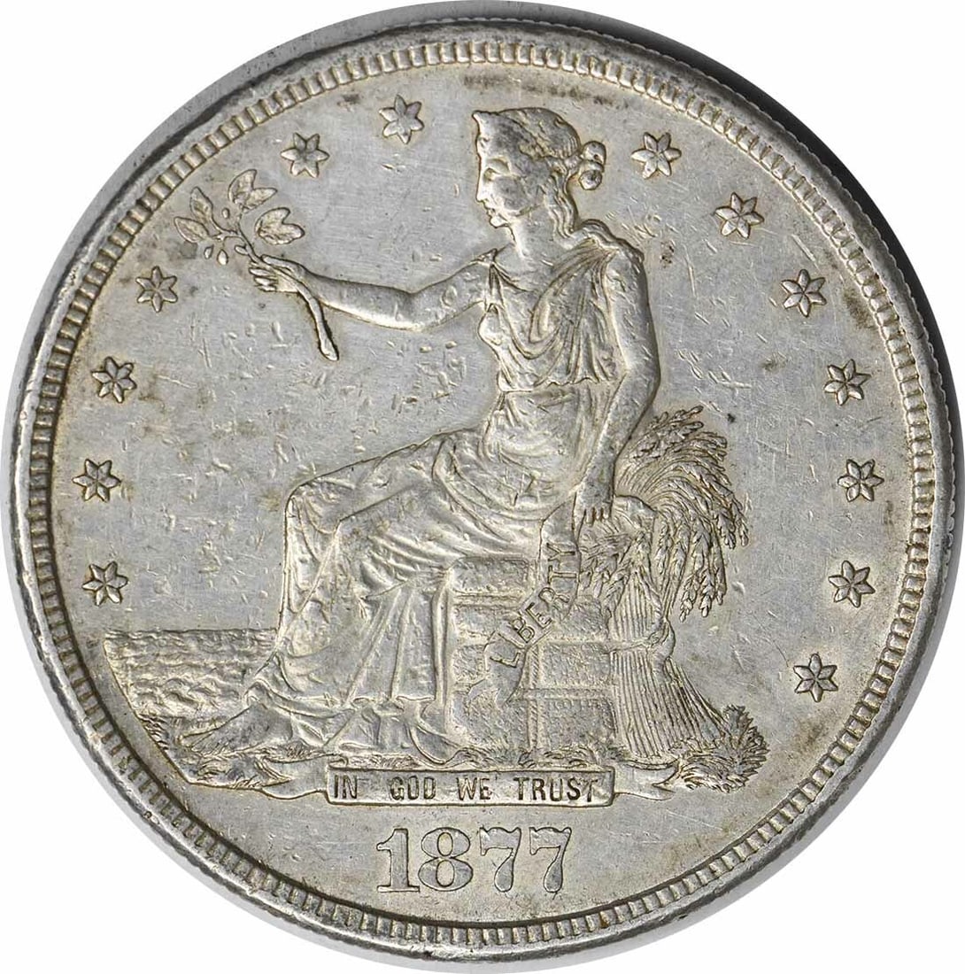 1877-S Trade Silver Dollar Uncertified William Barber Design 90% Silver: 1877-S Trade Silver Dollar Uncertified William Barber Design 90% Silver This 1877-S Trade Silver Dollar, a notable piece of American numismatics, features a composition of 90% silver and 10% copper. I