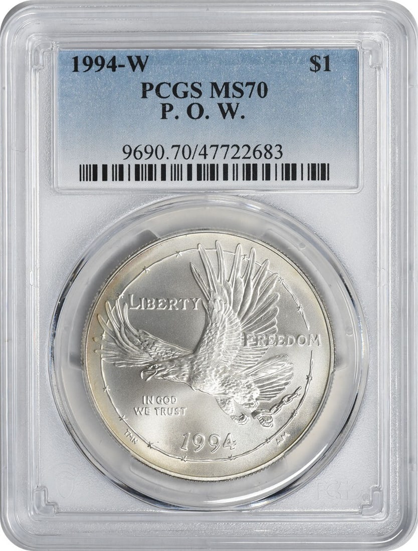 1994-W POW Prisoner Silver Commemorative Dollar MS70 PCGS: 1994-W POW Prisoner Silver Commemorative Dollar MS70 PCGS This stunning 1994-W POW Prisoner Silver Commemorative Dollar is graded MS70 by PCGS, certifying it as a perfect uncirculated coin. Struck fro