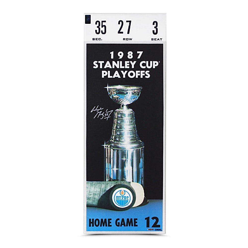 Wayne Gretzky Autographed 12x32 Photo Mega Ticket 1987 Stanley Cup Upper Deck: Wayne Gretzky Autographed 12x32 Photo Mega Ticket 1987 Stanley Cup Upper Deck Celebrate the legacy of hockey legend Wayne Gretzky with this stunning autographed 12X32 photo mega ticket commemorating t