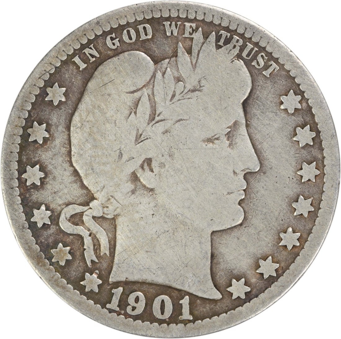 Barber Quarter 1901 San Francisco Mint 90 Percent Silver VG Grade Uncertified: Barber Quarter 1901 San Francisco Mint 90 Percent Silver VG Grade Uncertified This 1901-S Barber Silver Quarter features the classic design by Charles E. Barber. Struck at the San Francisco Mint, this