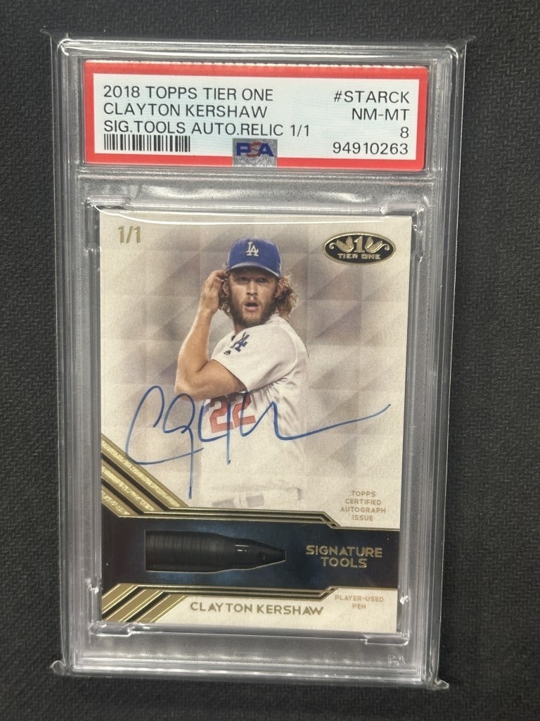 Clayton Kershaw 2018 Topps Tier One Auto Relic Card PSA 8 #STARCK (1 of 2)