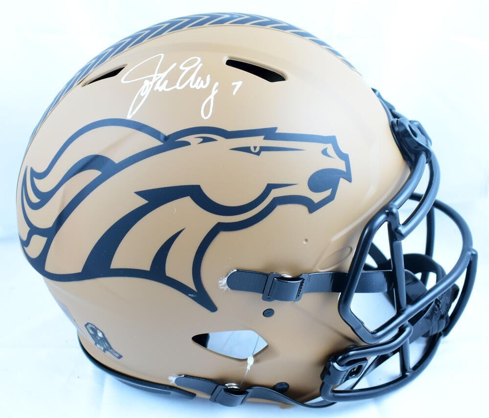 John Elway Signed Denver Broncos 2023 Speed Helmet Beckett Authenticated: John Elway Signed Denver Broncos 2023 Speed Helmet Beckett Authenticated Celebrate the legacy of John Elway with this authentic Denver Broncos full-size salute helmet, signed by the Hall of Fame quart