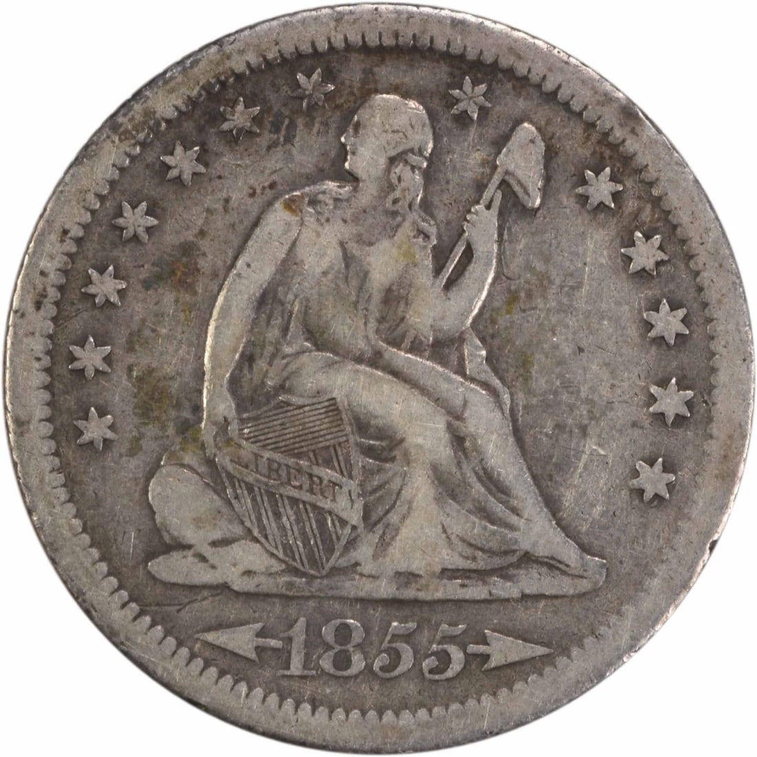 1855-S Liberty Seated Silver Quarter 25C VF Uncertified: 1855-S Liberty Seated Silver Quarter 25C VF Uncertified This 1855-S Liberty Seated Silver Quarter showcases the artistry of designers Robert Ball Hughes and Christian Gobrecht. Struck in San Francisco
